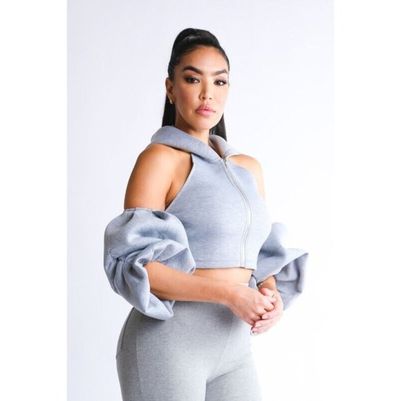 Women's Cold Shoulder Puff Sleeve Crop Top With Hoodie And Matching Pants Set - Picture 2 of 4